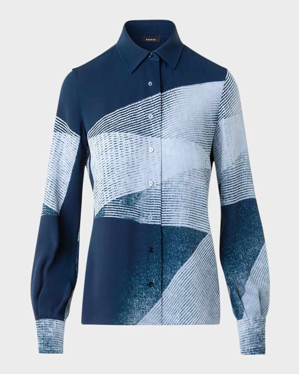 Zigzag Print Silk Crepe Button-Down Blouse